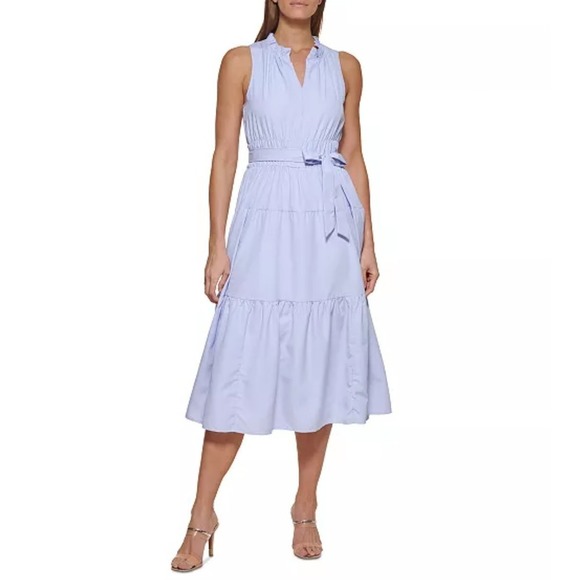Dkny Women's Sleeveless‎ Striped Tiered Poplin Midi Dress NWT 12 - Picture 1 of 14
